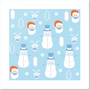 Santa Claus, snowman, and deer wearing a protective face mask Posters and Art